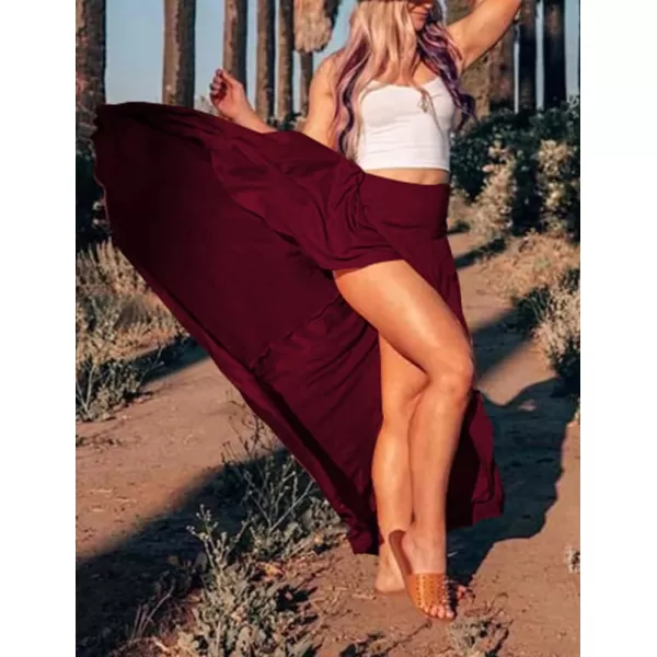 IDEALSANXUN Long Skirts for Women Trendy Summer High Waisted Slit Ruffle Beach Flowy Maxi SkirtWine