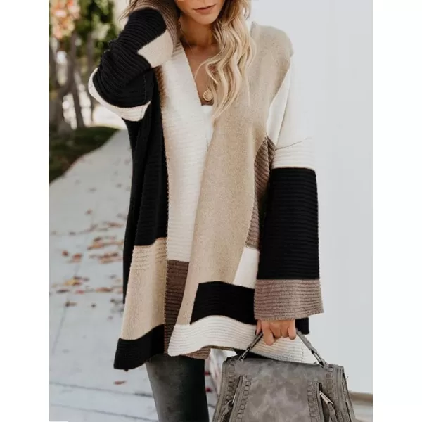 IDEALSANXUN Long Sweater Cardigan Women Oversized Color Block Bell Sleeve Fall Winter 2023 Casual Jacket CoatBlack