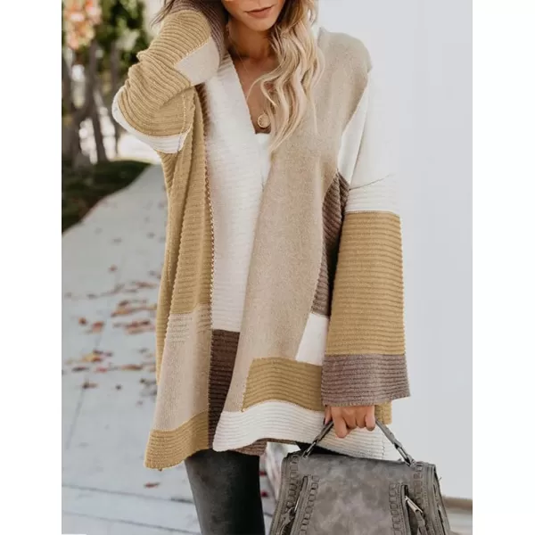 IDEALSANXUN Long Sweater Cardigan Women Oversized Color Block Bell Sleeve Fall Winter 2023 Casual Jacket CoatKhaki