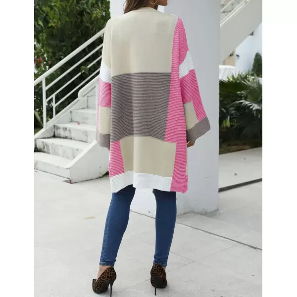 IDEALSANXUN Long Sweater Cardigan Women Oversized Color Block Bell Sleeve Fall Winter 2023 Casual Jacket CoatPink