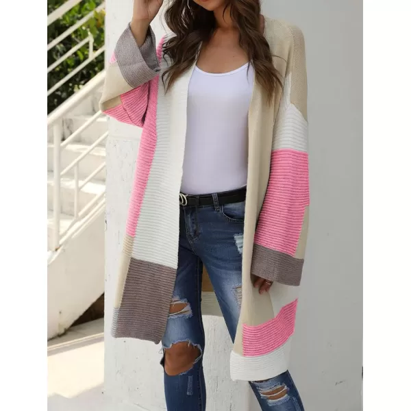 IDEALSANXUN Long Sweater Cardigan Women Oversized Color Block Bell Sleeve Fall Winter 2023 Casual Jacket CoatPink