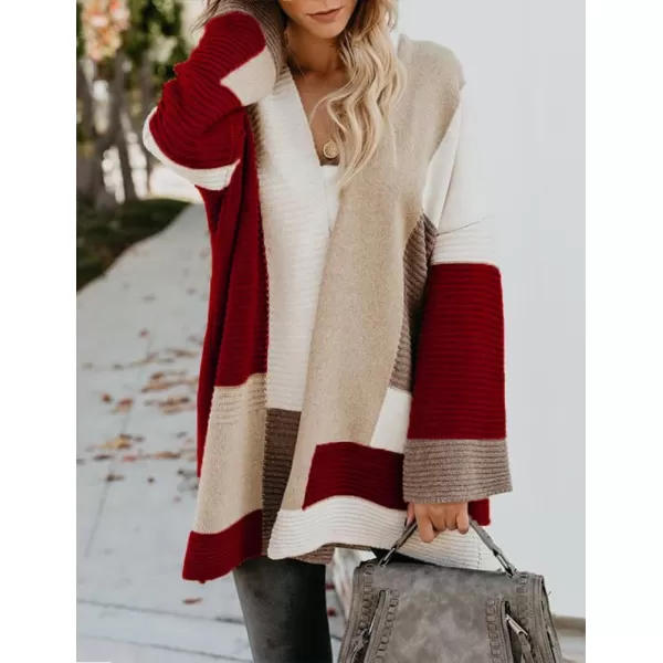 IDEALSANXUN Long Sweater Cardigan Women Oversized Color Block Bell Sleeve Fall Winter 2023 Casual Jacket CoatRed