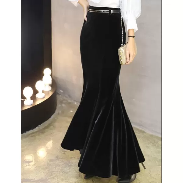 IDEALSANXUN Long Velvet Pencil Skirts for Women Warm Fall Winter High Waisted Stretch Ruffle Mermaid Bodycon Maxi SkirtBlack