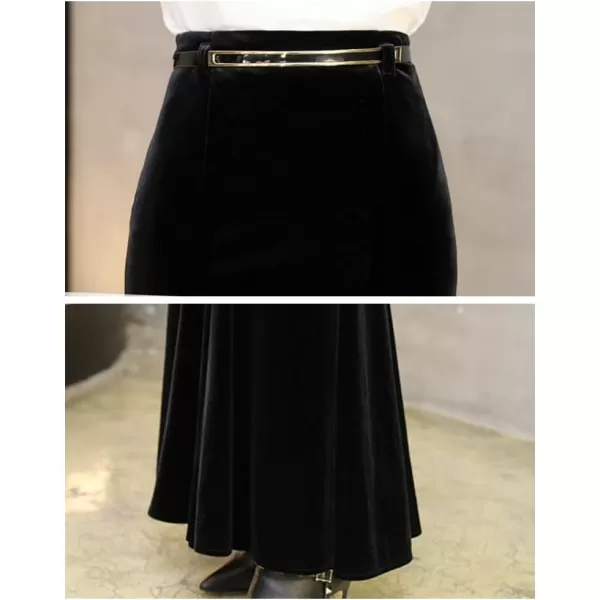 IDEALSANXUN Long Velvet Pencil Skirts for Women Warm Fall Winter High Waisted Stretch Ruffle Mermaid Bodycon Maxi SkirtBlack
