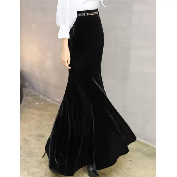 IDEALSANXUN Long Velvet Pencil Skirts for Women Warm Fall Winter High Waisted Stretch Ruffle Mermaid Bodycon Maxi SkirtBlack