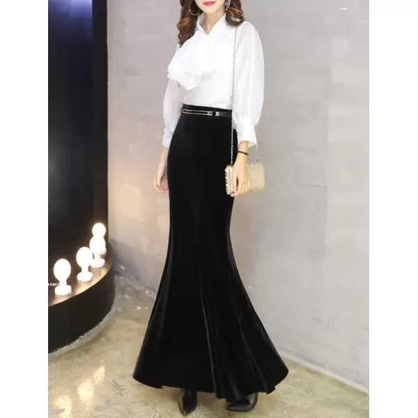 IDEALSANXUN Long Velvet Pencil Skirts for Women Warm Fall Winter High Waisted Stretch Ruffle Mermaid Bodycon Maxi SkirtBlack