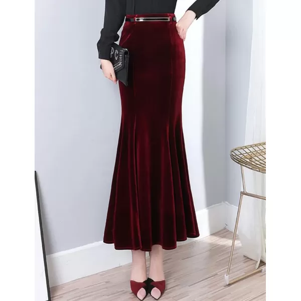 IDEALSANXUN Long Velvet Pencil Skirts for Women Warm Fall Winter High Waisted Stretch Ruffle Mermaid Bodycon Maxi SkirtWine Red
