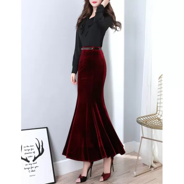 IDEALSANXUN Long Velvet Pencil Skirts for Women Warm Fall Winter High Waisted Stretch Ruffle Mermaid Bodycon Maxi SkirtWine Red