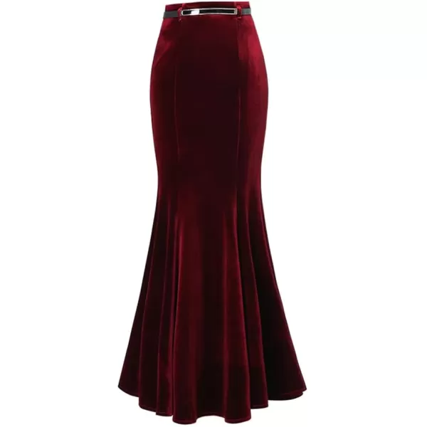 IDEALSANXUN Long Velvet Pencil Skirts for Women Warm Fall Winter High Waisted Stretch Ruffle Mermaid Bodycon Maxi SkirtWine Red