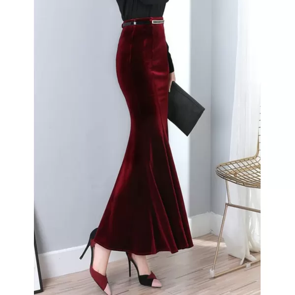 IDEALSANXUN Long Velvet Pencil Skirts for Women Warm Fall Winter High Waisted Stretch Ruffle Mermaid Bodycon Maxi SkirtWine Red
