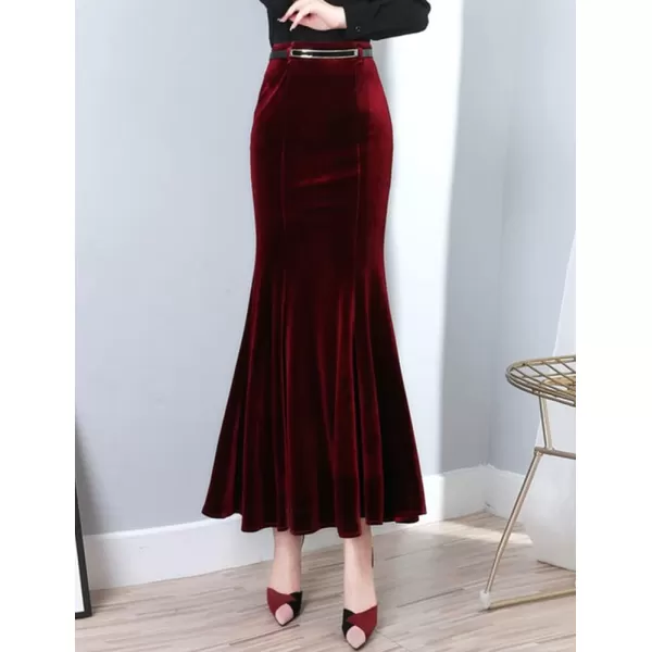 IDEALSANXUN Long Velvet Pencil Skirts for Women Warm Fall Winter High Waisted Stretch Ruffle Mermaid Bodycon Maxi SkirtWine Red
