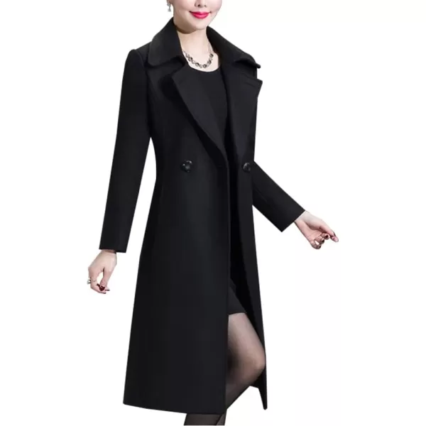 IDEALSANXUN Long Wool Coats for Women Double Breasted Vintage Fall Winter Pea Coat JacketsBlack