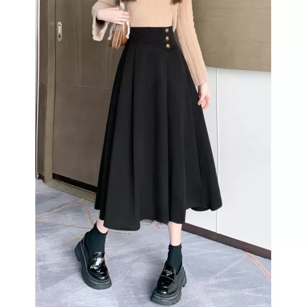 IDEALSANXUN Long Wool Skirt for Women Fall Winter 2023 High Elastic Waist A Line Flared Pleated Midi SkirtBlack