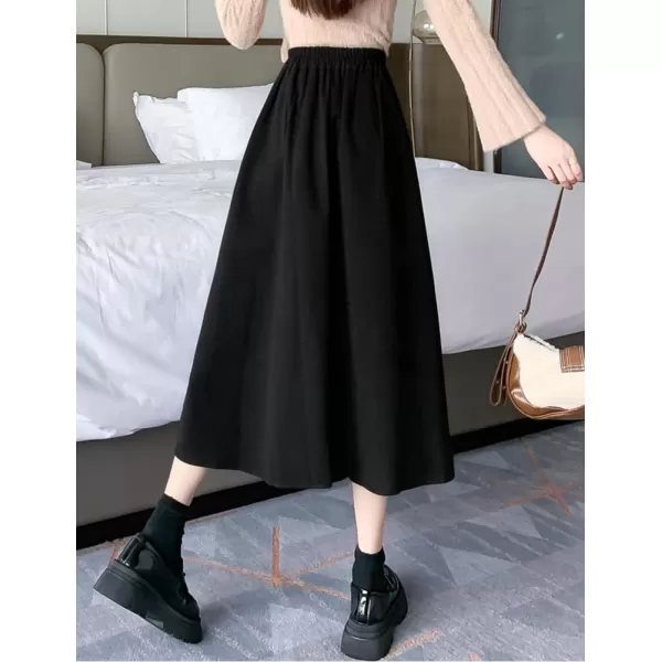 IDEALSANXUN Long Wool Skirt for Women Fall Winter 2023 High Elastic Waist A Line Flared Pleated Midi SkirtBlack