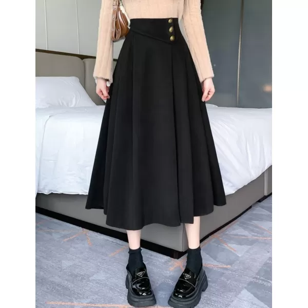 IDEALSANXUN Long Wool Skirt for Women Fall Winter 2023 High Elastic Waist A Line Flared Pleated Midi SkirtBlack