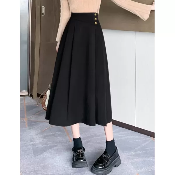 IDEALSANXUN Long Wool Skirt for Women Fall Winter 2023 High Elastic Waist A Line Flared Pleated Midi SkirtBlack