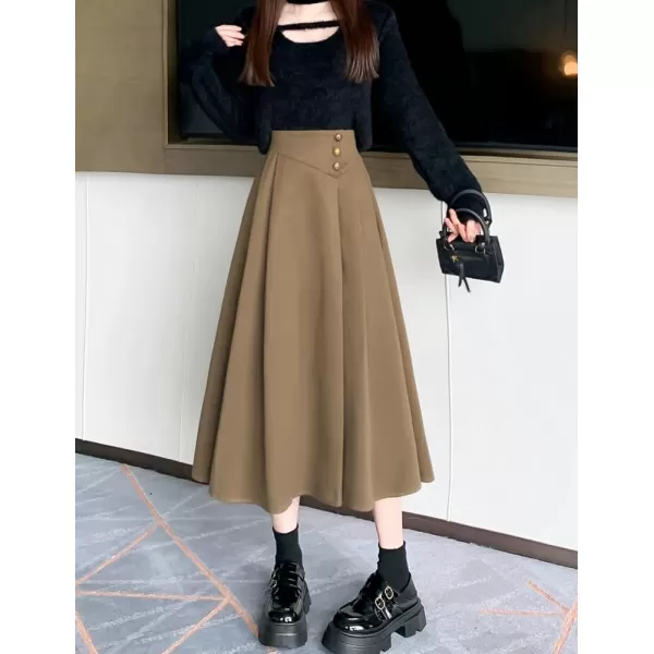 IDEALSANXUN Long Wool Skirt for Women Fall Winter 2023 High Elastic Waist A Line Flared Pleated Midi SkirtCamel