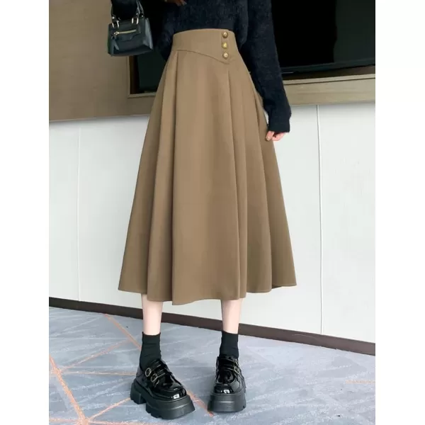 IDEALSANXUN Long Wool Skirt for Women Fall Winter 2023 High Elastic Waist A Line Flared Pleated Midi SkirtCamel