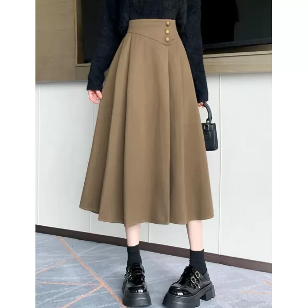 IDEALSANXUN Long Wool Skirt for Women Fall Winter 2023 High Elastic Waist A Line Flared Pleated Midi SkirtCamel