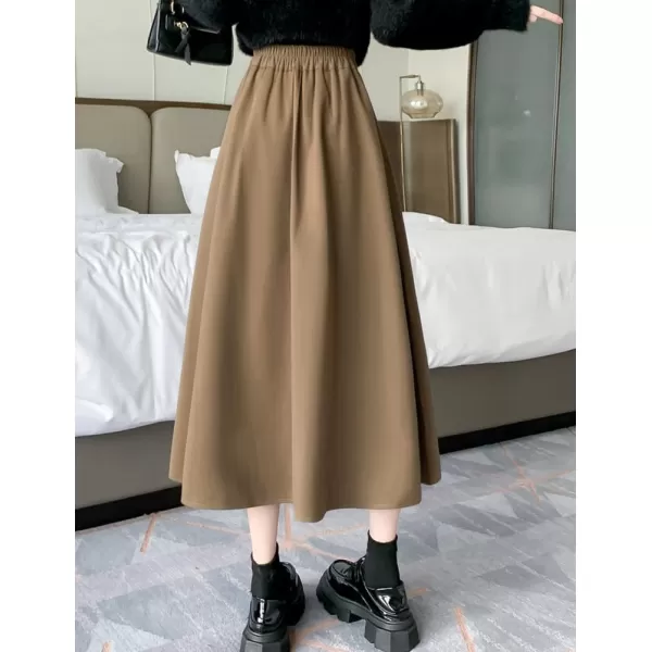 IDEALSANXUN Long Wool Skirt for Women Fall Winter 2023 High Elastic Waist A Line Flared Pleated Midi SkirtCamel