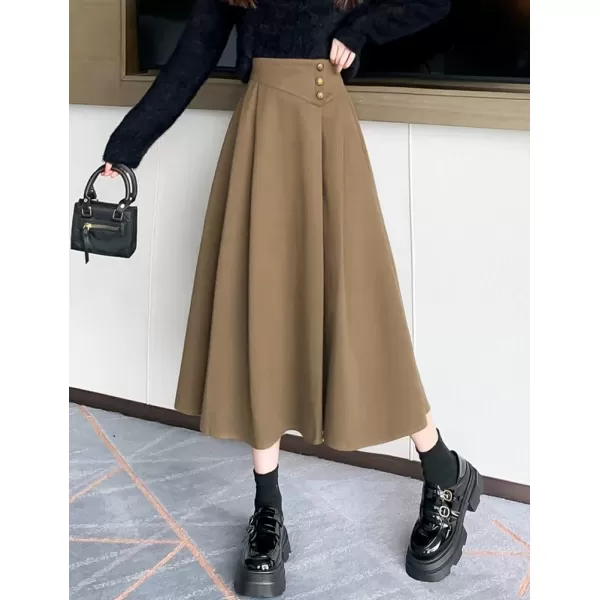 IDEALSANXUN Long Wool Skirt for Women Fall Winter 2023 High Elastic Waist A Line Flared Pleated Midi SkirtCamel