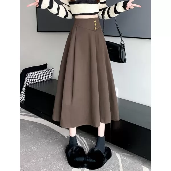 IDEALSANXUN Long Wool Skirt for Women Fall Winter 2023 High Elastic Waist A Line Flared Pleated Midi SkirtCoffee