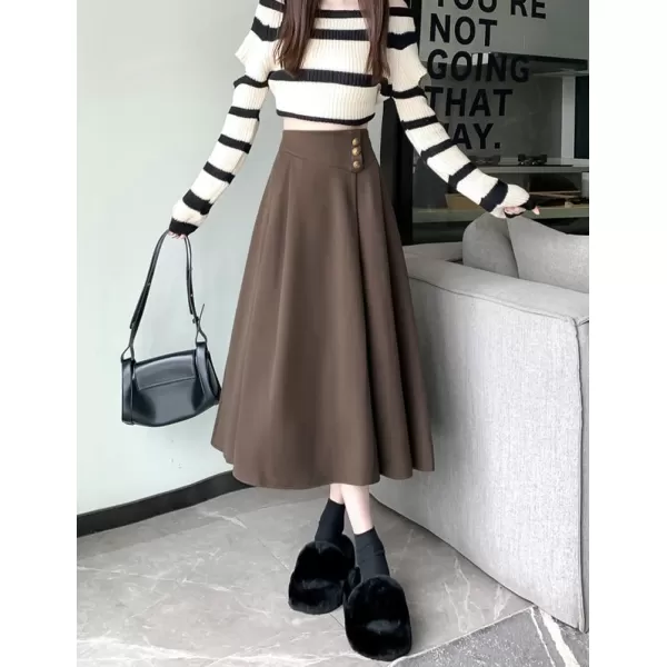 IDEALSANXUN Long Wool Skirt for Women Fall Winter 2023 High Elastic Waist A Line Flared Pleated Midi SkirtCoffee