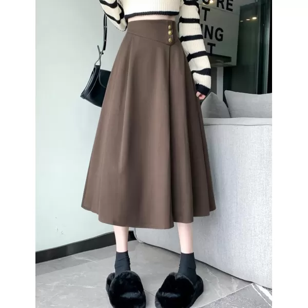 IDEALSANXUN Long Wool Skirt for Women Fall Winter 2023 High Elastic Waist A Line Flared Pleated Midi SkirtCoffee