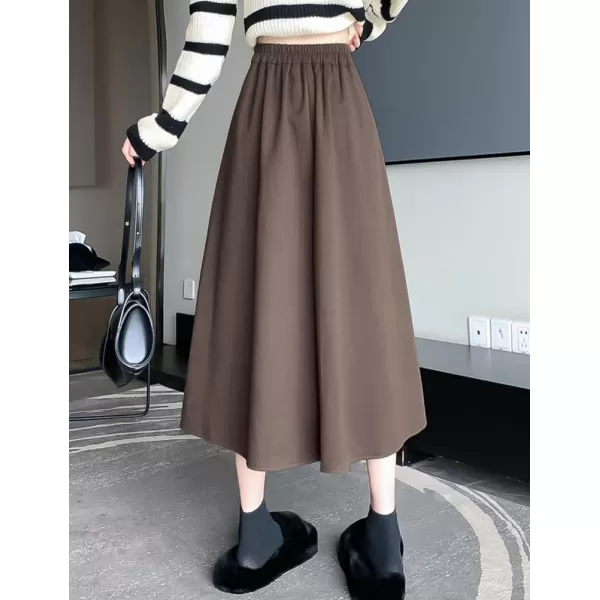 IDEALSANXUN Long Wool Skirt for Women Fall Winter 2023 High Elastic Waist A Line Flared Pleated Midi SkirtCoffee