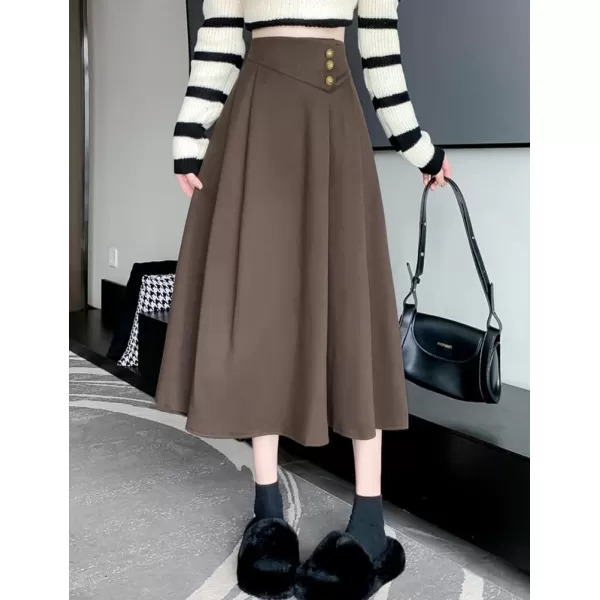 IDEALSANXUN Long Wool Skirt for Women Fall Winter 2023 High Elastic Waist A Line Flared Pleated Midi SkirtCoffee