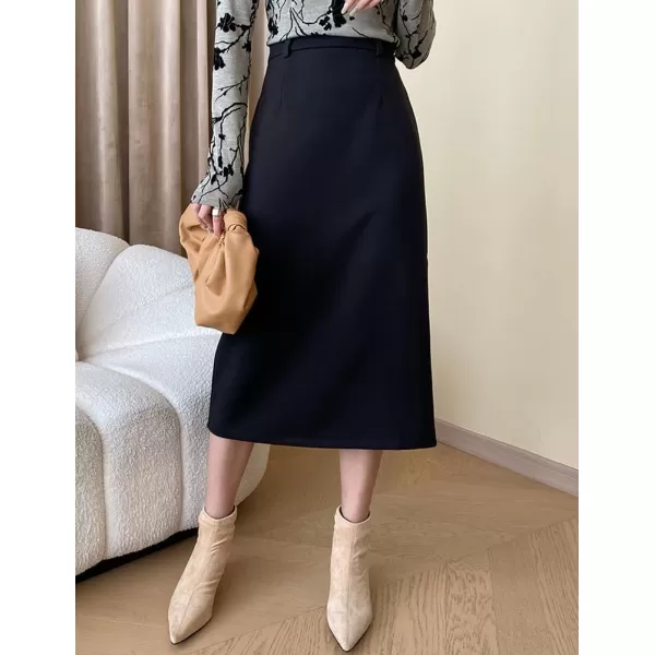 IDEALSANXUN Long Wool Skirt for Women Fall Winter 2023 Trendy High Waisted A Line Midi Skirt with SlitBlack