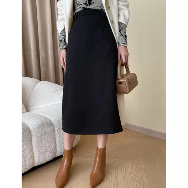 IDEALSANXUN Long Wool Skirt for Women Fall Winter 2023 Trendy High Waisted A Line Midi Skirt with SlitBlack