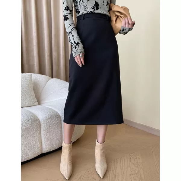 IDEALSANXUN Long Wool Skirt for Women Fall Winter 2023 Trendy High Waisted A Line Midi Skirt with SlitBlack