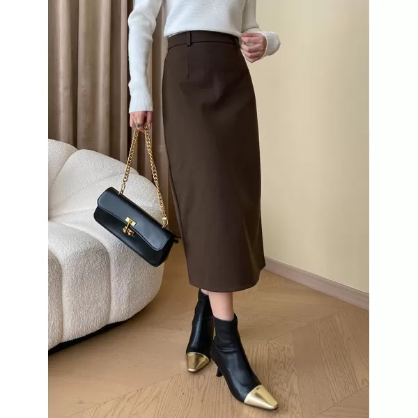 IDEALSANXUN Long Wool Skirt for Women Fall Winter 2023 Trendy High Waisted A Line Midi Skirt with SlitCoffee