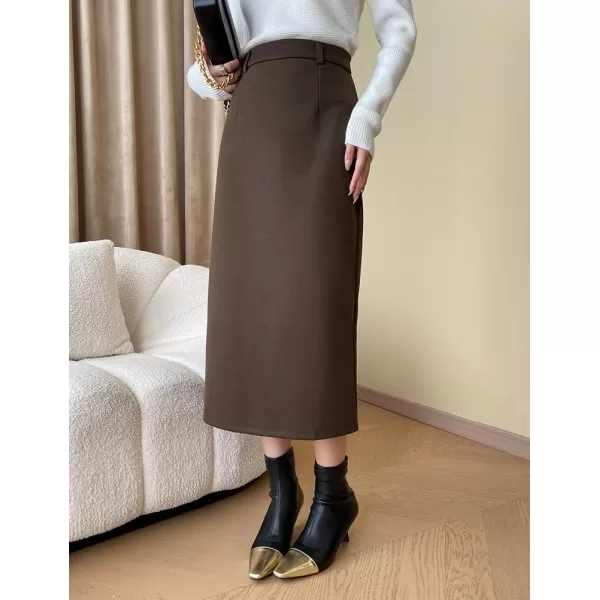 IDEALSANXUN Long Wool Skirt for Women Fall Winter 2023 Trendy High Waisted A Line Midi Skirt with SlitCoffee