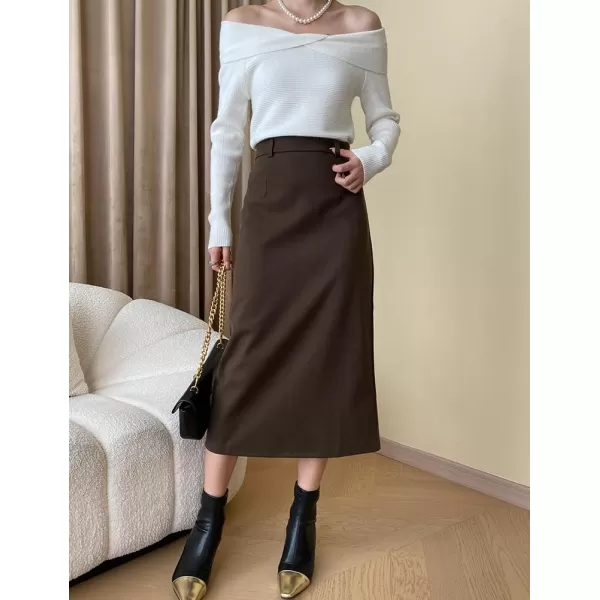 IDEALSANXUN Long Wool Skirt for Women Fall Winter 2023 Trendy High Waisted A Line Midi Skirt with SlitCoffee