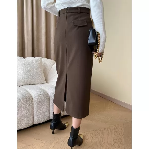 IDEALSANXUN Long Wool Skirt for Women Fall Winter 2023 Trendy High Waisted A Line Midi Skirt with SlitCoffee