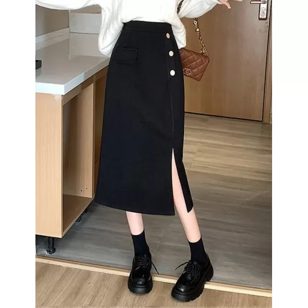 IDEALSANXUN Long Wool Skirts for Women High Waisted A Line Bodycon Fall Winter Midi Skirt with SlitBlack