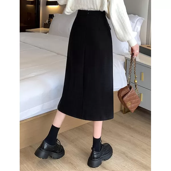 IDEALSANXUN Long Wool Skirts for Women High Waisted A Line Bodycon Fall Winter Midi Skirt with SlitBlack