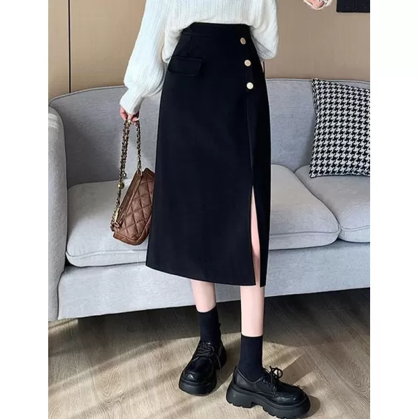 IDEALSANXUN Long Wool Skirts for Women High Waisted A Line Bodycon Fall Winter Midi Skirt with SlitBlack