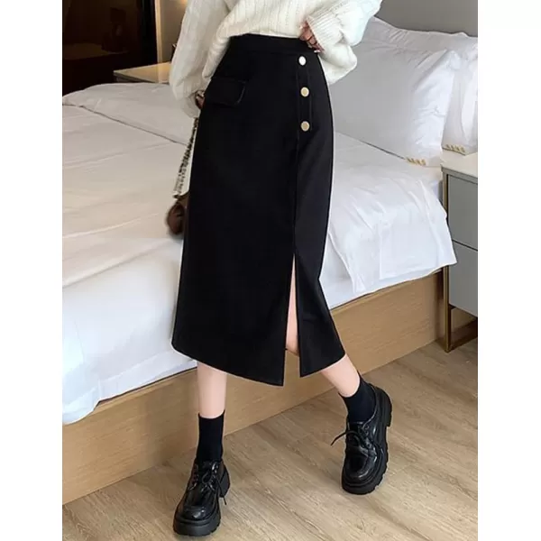 IDEALSANXUN Long Wool Skirts for Women High Waisted A Line Bodycon Fall Winter Midi Skirt with SlitBlack