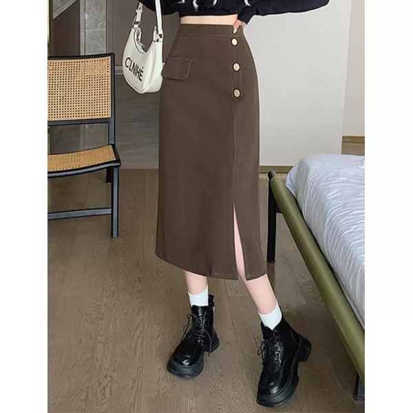 IDEALSANXUN Long Wool Skirts for Women High Waisted A Line Bodycon Fall Winter Midi Skirt with SlitCoffee