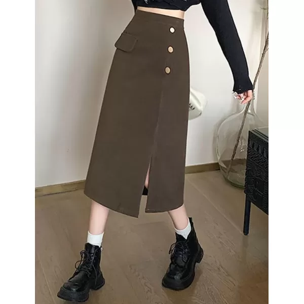 IDEALSANXUN Long Wool Skirts for Women High Waisted A Line Bodycon Fall Winter Midi Skirt with SlitCoffee