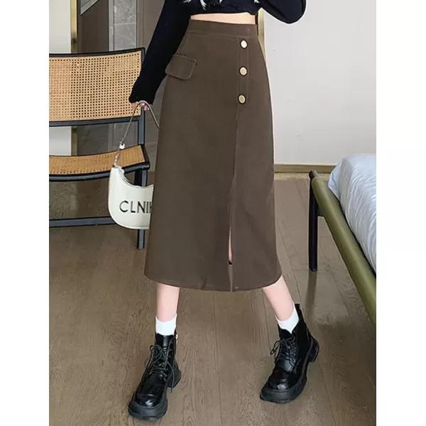 IDEALSANXUN Long Wool Skirts for Women High Waisted A Line Bodycon Fall Winter Midi Skirt with SlitCoffee