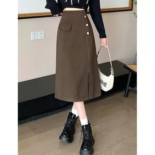 IDEALSANXUN Long Wool Skirts for Women High Waisted A Line Bodycon Fall Winter Midi Skirt with SlitCoffee