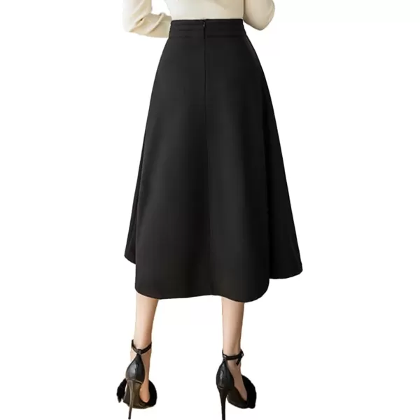 IDEALSANXUN Long Wool Skirts for Women High Waisted A Line Ruffle Fall Winter Midi Skirt with PocketsBlack