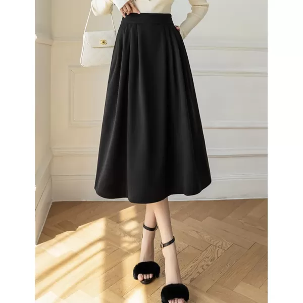 IDEALSANXUN Long Wool Skirts for Women High Waisted A Line Ruffle Fall Winter Midi Skirt with PocketsBlack