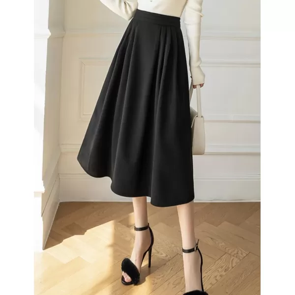 IDEALSANXUN Long Wool Skirts for Women High Waisted A Line Ruffle Fall Winter Midi Skirt with PocketsBlack