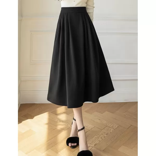 IDEALSANXUN Long Wool Skirts for Women High Waisted A Line Ruffle Fall Winter Midi Skirt with PocketsBlack