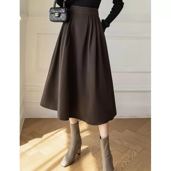 IDEALSANXUN Long Wool Skirts for Women High Waisted A Line Ruffle Fall Winter Midi Skirt with PocketsDark Brown